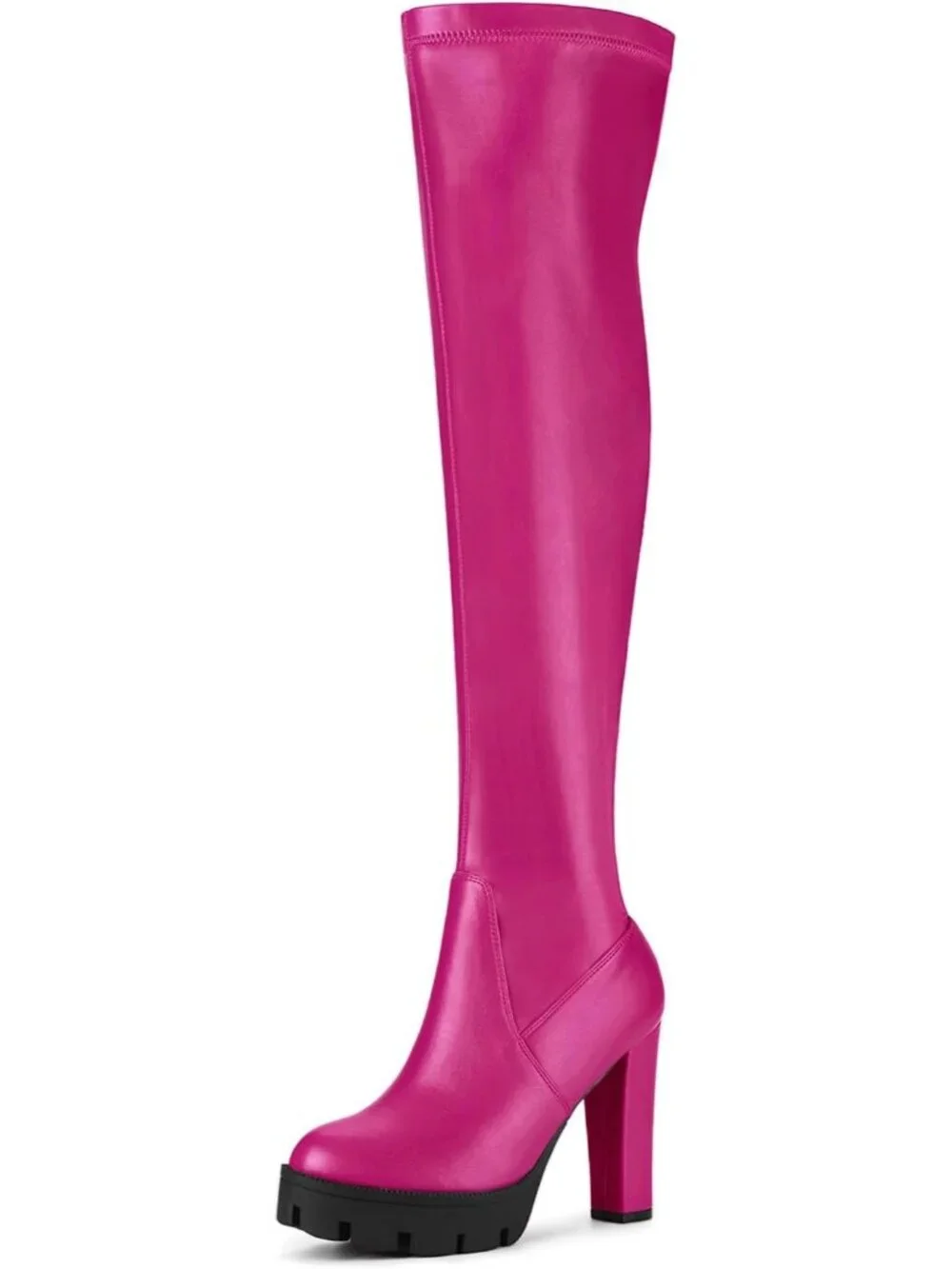 Women's Hot Pink Round Toe Faux Leather Chunky Heel Over The Knee High Boots